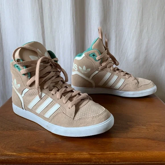 Adidas rose suede high tops- teal interior. Fits size 9 - Picture 1 of 5
